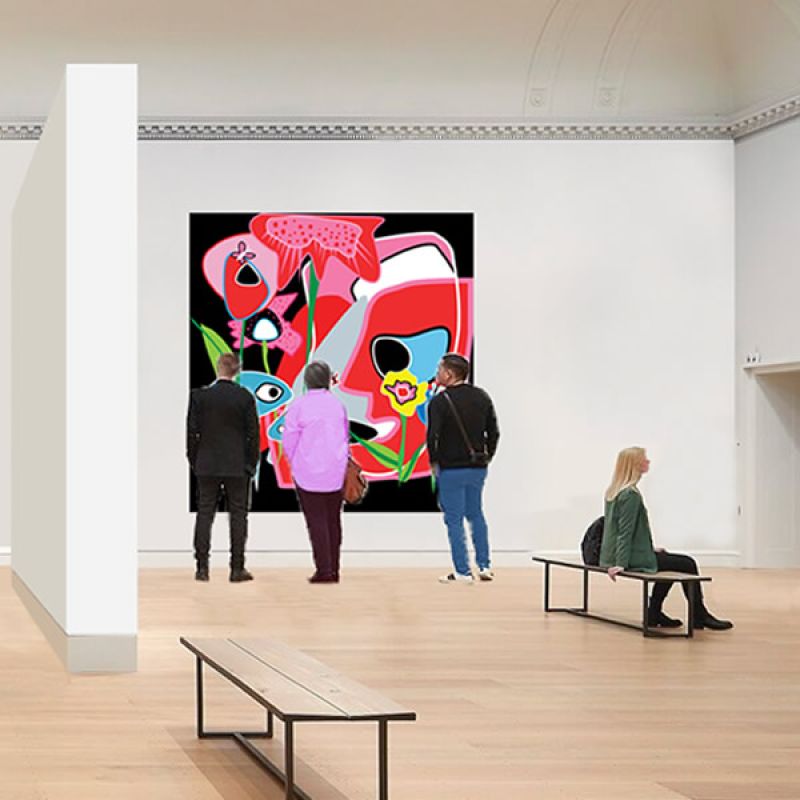 Expositie met toeschouwers van een groot modern en kleurrijk schilderij, genaamd Butterfly on my nose