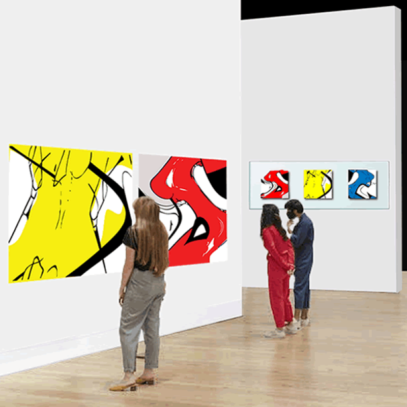 Toeschouwers bekijken in een galerie abstracte kleurrijke schilderijen in een serie