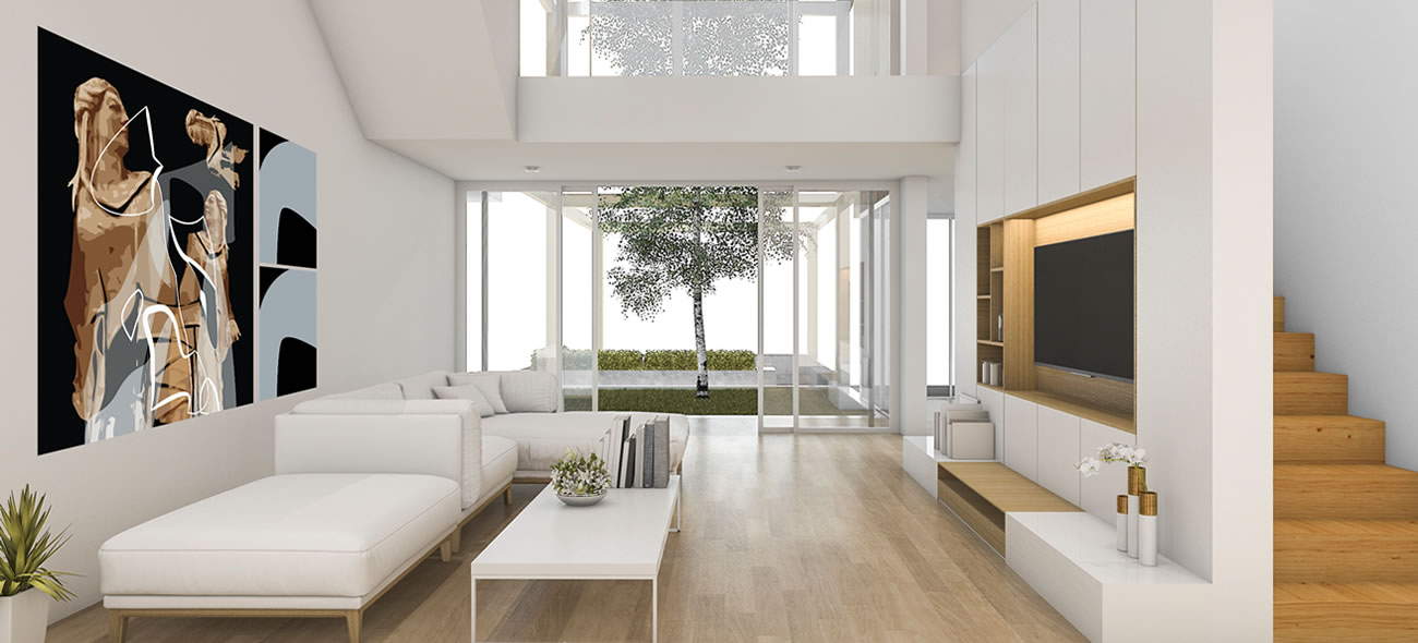 Drieluik met klassieke figuren in aardetinten en moderne abstracte grafische vormen, oudheid en moderne kunst gecombineerd.