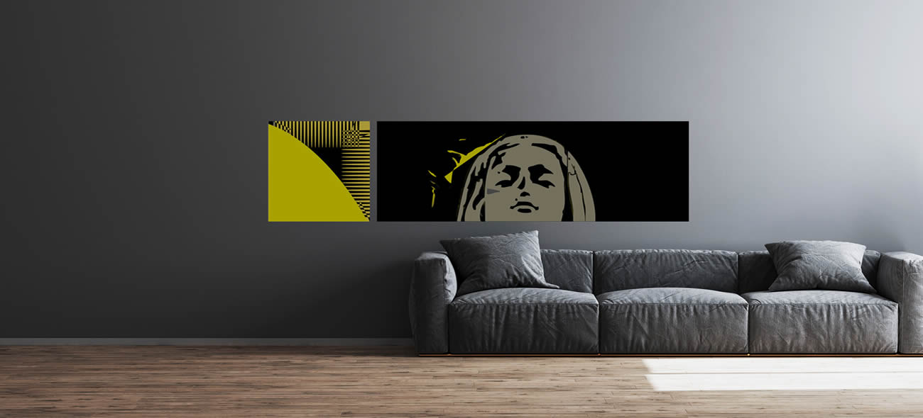Art concept, bestaand uit twee serene panelen die samen een indrukwekkend groot horizontaal schilderij vormen, met een iconisch karakter binnen een moderne compositie.
