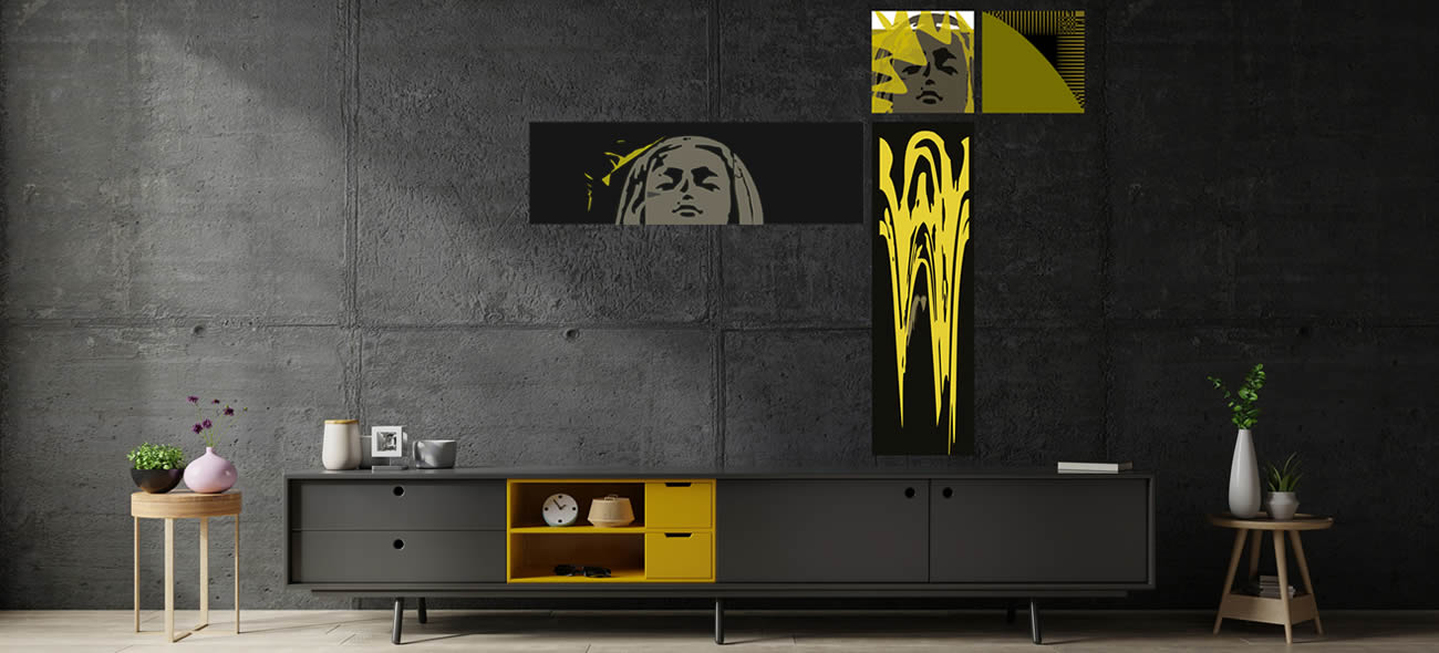 Moderne kunstwand met krachtige gele en zwarte panelen, thema hoop en spiritualiteit.