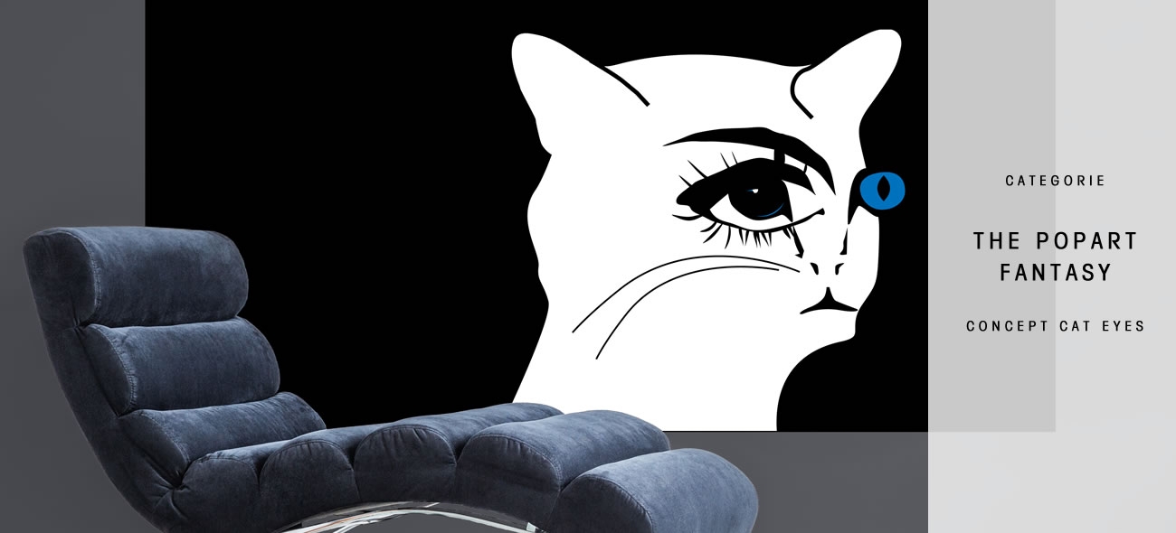 Modern schilderij van een witte kat in popartstijl met close-up oog en fantasierijk gezicht, krachtige kleuren en dynamiek.