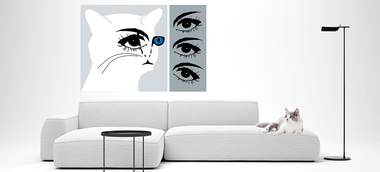 Een witte kat met expressieve zwarte en blauwe ogen, opgebouwd uit grafische lijnen op een lichtgrijze achtergrond gecombineerd met drie gestileerde zwarte menselijke ogen onder elkaar, elk met een unieke blik