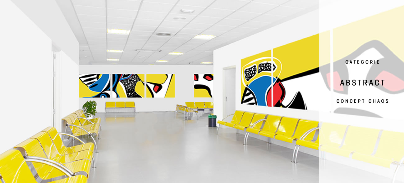 Moderne abstracte kunst aan de muur van een wachtruimte, met geometrische vormen en levendige kleuren, zonder herkenbare objecten.