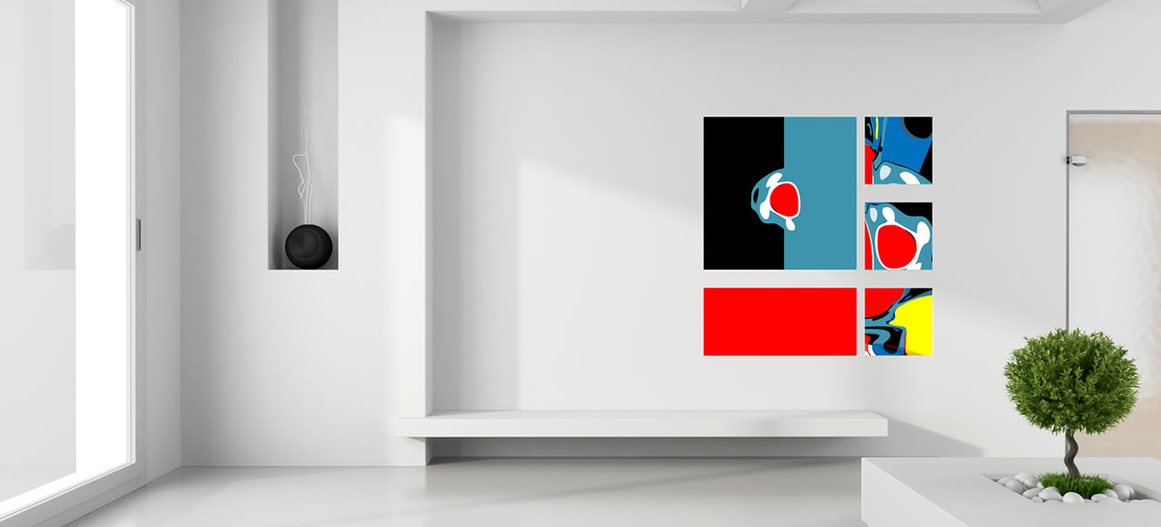  Abstract vijfluik kunstwerk  met zwarte, blauwe, rode en gele kleurvlakken en organische vormen aan een witte muur in modern interieur.