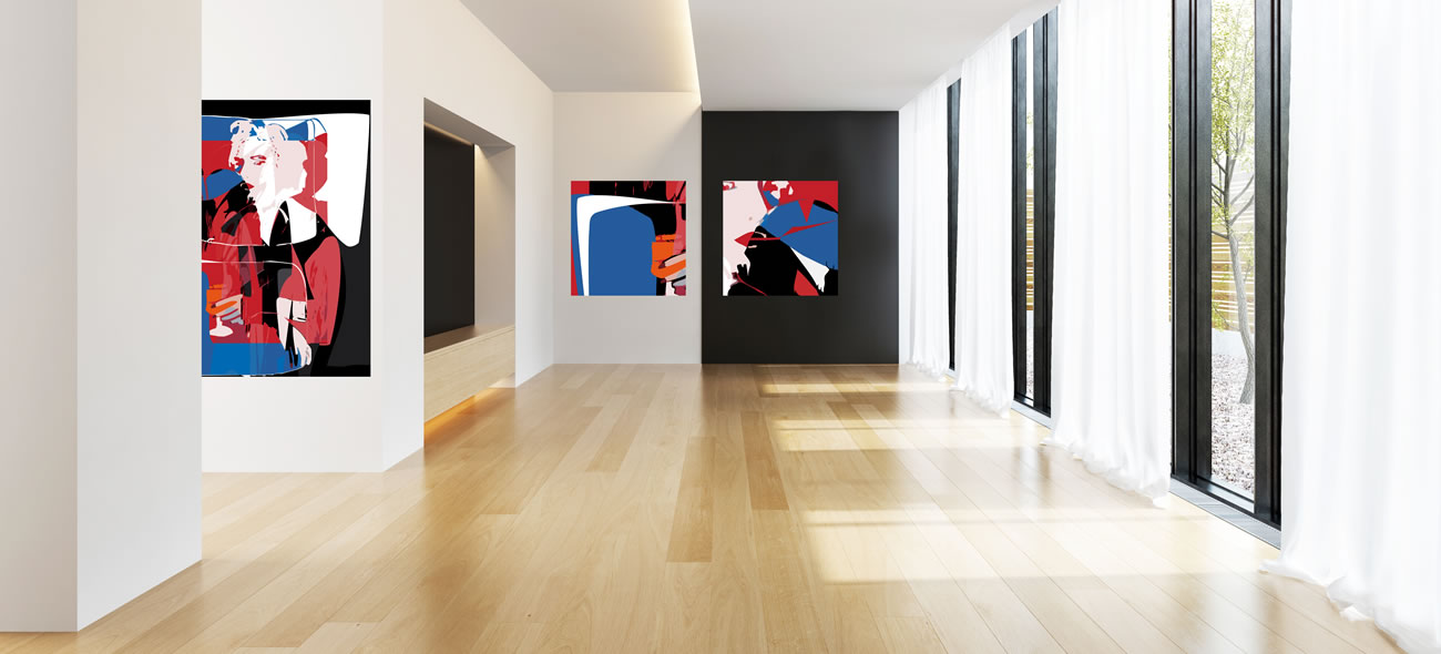 Abstract drieluik van Marilyn Monroe met grafische kleurvlakken in rood, roze,  blauw, zwart en wit; modern fine-art portret.