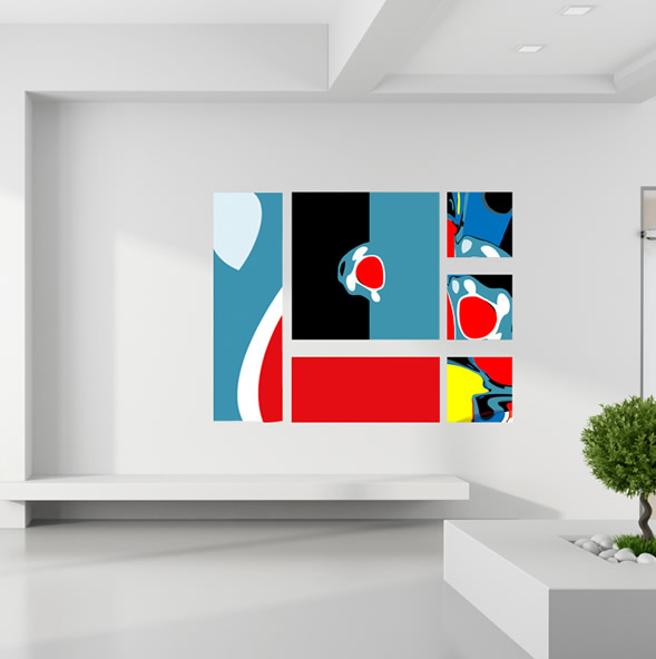 Modulaire Art Elements in rood, blauw, zwart en geel als opvallende plexiglas wanddecoratie in eigentijdse ruimte.