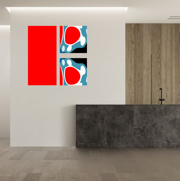 Abstracte modulaire kunstpanelen in rood, blauw, zwart en wit op plexiglas als eyecatcher in luxe keukeninterieur.