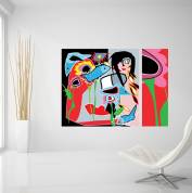 Popart schilderijen op acrylaat met blauwe vissen, vrouwelijke abstracte zeemeermin en krachtige kleuren uit de serie Art Elements.