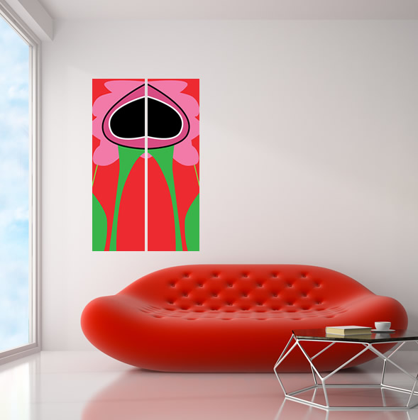 Abstract popart schilderij op plexiglas met gespiegelde gestileerde bloemmotieven in heldere kleurenen.