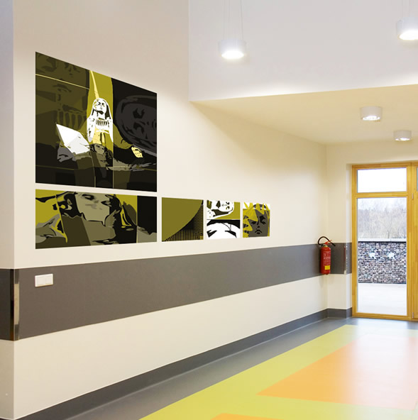 Gecombineerde kunstpanelen in oker, groen en zwart tonen abstract religieus thema op glanzend plexiglas.