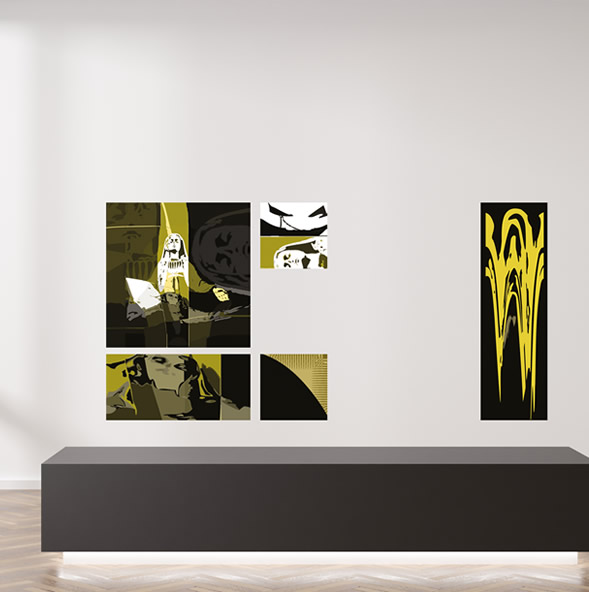 Abstract religieus kunstwerk, losse panelen met gezichten en expressieve vormen op plexiglas, moderne wanddecoratie.