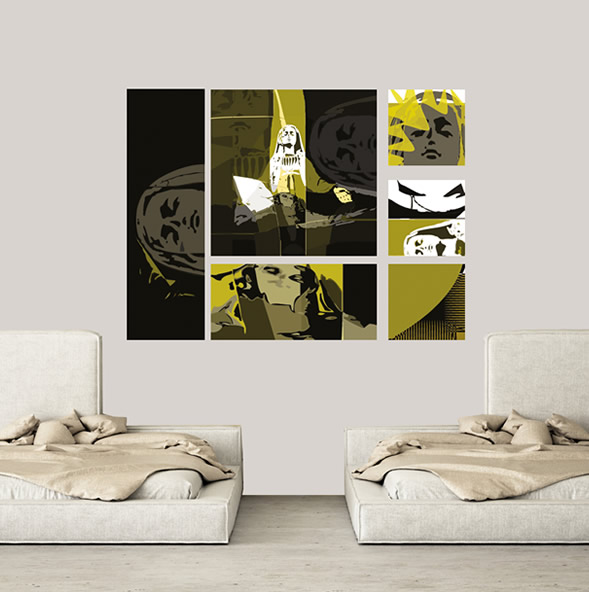 Mozaïek van modern religieuze kunstpanelen met abstract religieus thema, warme kleuren en reflecterende oppervlakken op plexiglas.