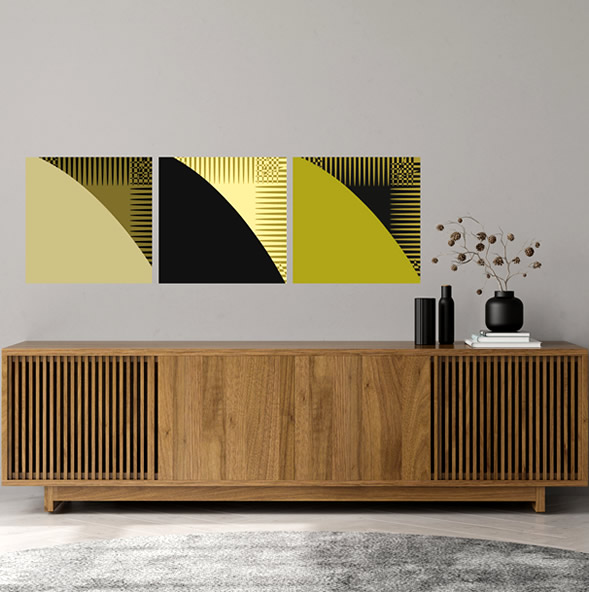 Abstracte triptiek van Art Elements uit Modern Religion-collectie, geometrische panelen in goud, zwart en olijfgroen op plexiglas.