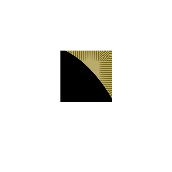Modern kunstwerk met cirkelvormige zwarte vlakken en gedetailleerd gouden patroon.