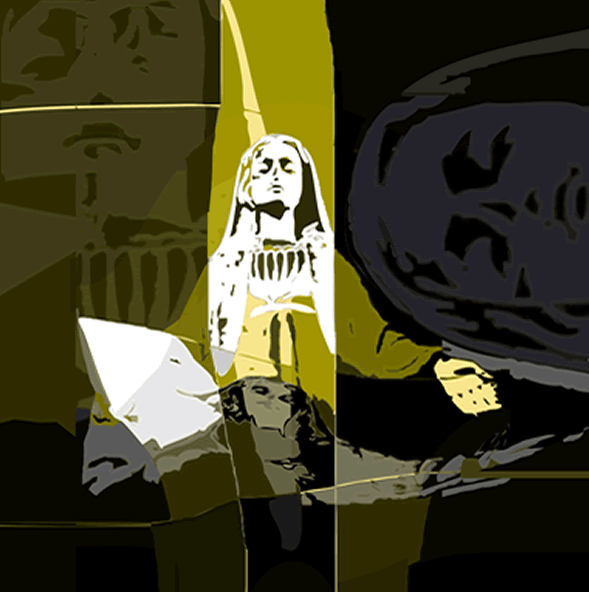 Modern religieus fine art schilderij, gestileerde afbeelding van heilige vrouw in grafische stijl met lichtaccenten in geelgroen en zwart.