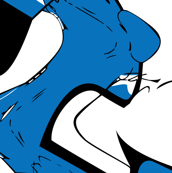 De vloeiende lijnen en expressieve vormen suggereren een gestileerd vrouwenlichaam, gevangen in beweging en omgeven door een aura van mysterie. Het diepe blauw straalt rust en diepte uit, terwijl de zwarte contouren het beeld kracht en richting geven.