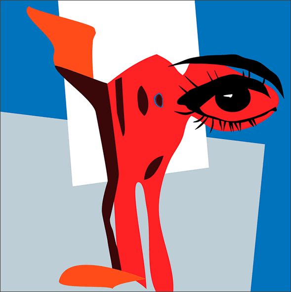Grafisch schilderij van Roos Boonstra met samensmelting van mens en kat in opvallende popart stijl.