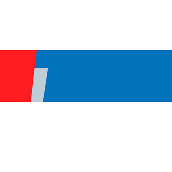 Minimalistisch kunstwerk met contrasterende kleurvlakken rood, blauw en grijs.