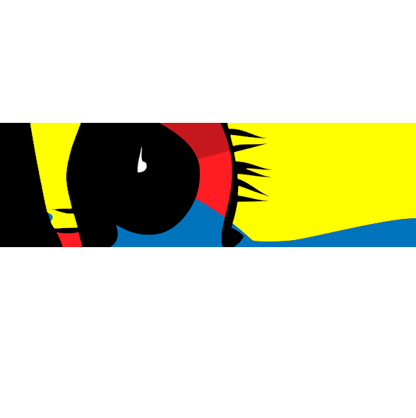 Een close-up van een gestileerd zwart oog met gele, rode en blauwe  vlakken, waarbij de lange zwarte wimpers scherp afsteken tegen het geel.