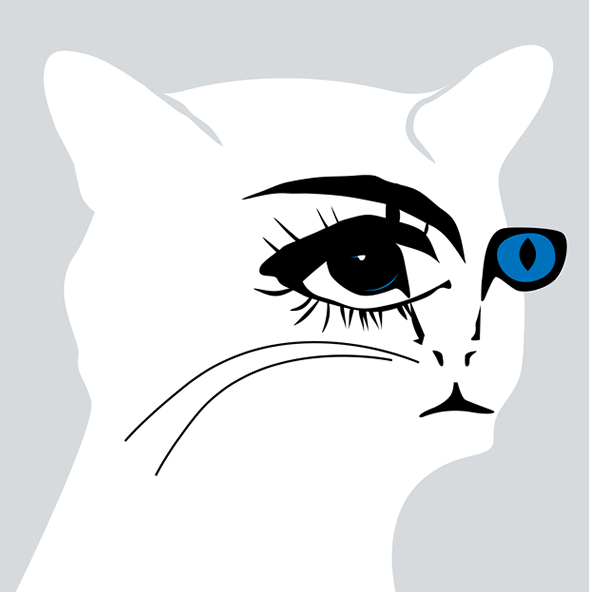 Een gestileerd kattengezicht, waarbij de ogen centraal staan: één groot, expressief zwart oog met blauwe accenten en een tweede, ovaal fel blauw kattenoog met een verticale pupil.