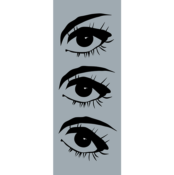 Drie gestileerde menselijke ogen, zwart op een grijze achtergrond, elk met een eigen expressie. De herhaling en variatie in de ogen zorgen voor een collageachtig effect, een veelgebruikt stijlmiddel binnen de popart.