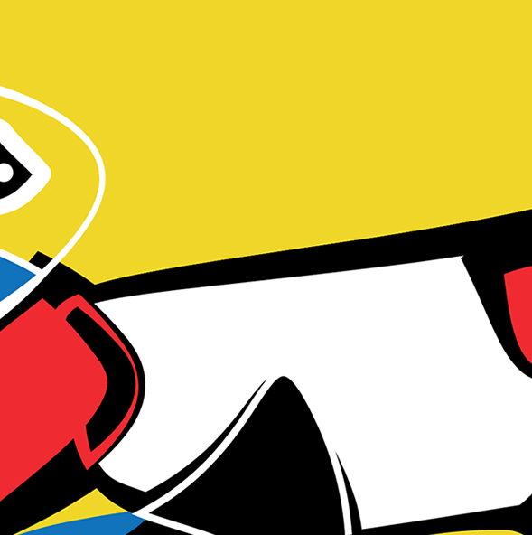 Detail van abstract fine-art kunstwerk met gele achtergrond, grafische zwarte lijnen, witte en rode vormen en blauwe accenten; dynamisch en non-figuratief.