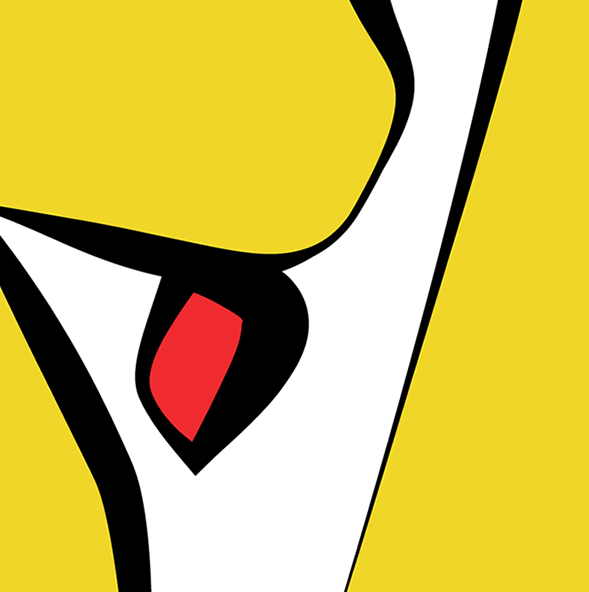 Abstract detail met gele achtergrond, witte en zwarte lijnen en een opvallende rode vorm; modern fine-art ontwerp met krachtige grafische uitstraling.