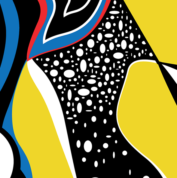 Detail van abstract kunstwerk met zwarte organische vorm vol witte stippen, omringd door gele kleurvlakken, blauwe accenten en grafische lijnen; modern en speels fine-art design.