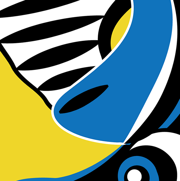 Abstract detail van fine-art kunstwerk met golvende blauwe vorm, zwart-witte strepen en gele kleurvlakken; dynamisch en grafisch non-figuratief ontwerp.