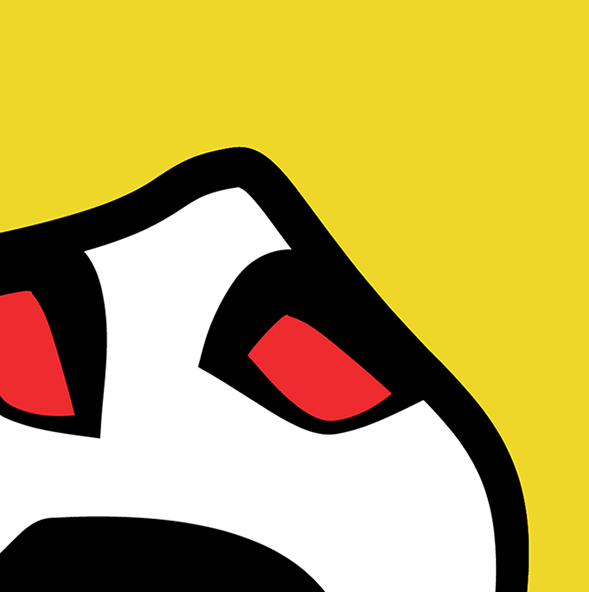 Detail van abstract fine-art kunstwerk met grafische zwarte lijnen, witte vormen en rode accenten op een gele achtergrond, non-figuratief en modern.