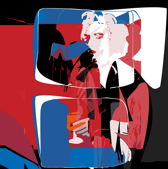 Eerste onderdeel van een drieluik van een portret van Marilyn Monroe, waar haar karakteristieke blik en blonde haar subtiel worden gesuggereerd door een spel van rood, blauw, zwart en wit. De overlapping van vormen en het gebruik van transparante vlakken zorgen voor diepte en beweging, waardoor het beeld zowel herkenbaar als mysterieus blijft.