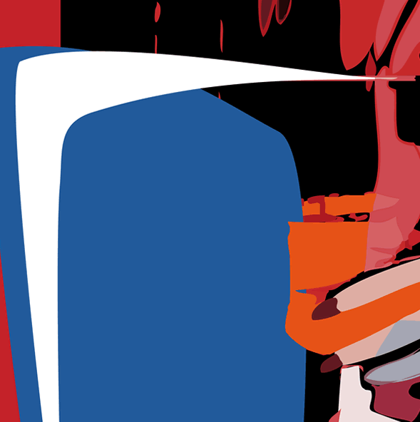 Derde schilderij van dit artconcept over Marilyn Monroe waarin de nadruk wordt gelegd op de hand met een glas, omlijst door een groot blauw vlak en energieke oranje accenten. Deze fragmentatie van het geheel benadrukt het speelse karakter van het drieluik en laat zien hoe Monroe als icoon uiteenvalt in kleur, vorm en emotie.