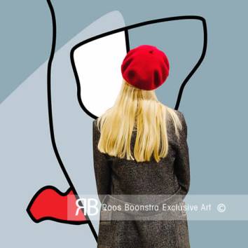 Thumbnail  Minimalistisch abstract schilderij van gezicht met opvallende rode mond op diamantglas.