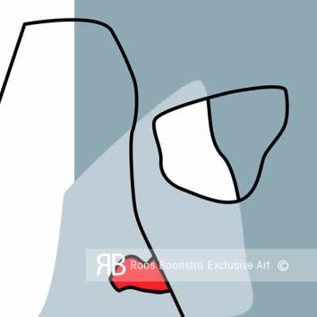 Thumbnail Geabstraheerd portret in grijsblauw met expressieve rode lippen, gedrukt op diamantglas.