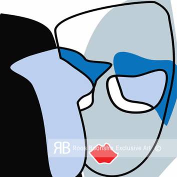 Abstract modern gezicht op gehard glas met blauwe en grijze kleurvlakken, rode lippen en vloeiende lijnen.