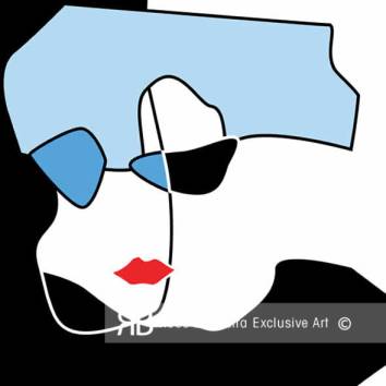 Thumbnail Kunstwerk met krachtige kleuren en abstracte vormen op diamantglas, modern portret met rode mond.