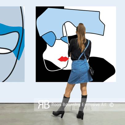 Thumbnail Abstract modern portret op diamantglas met blauwe bril en rode lippen, minimalistisch lijnenspel.