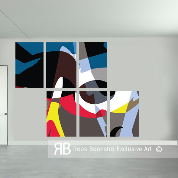 Moderne abstracte compositie verdeeld over zes panelen, briljante kleuren en expressieve vormen voor designinterieur en kunstliefhebbers.
Ook heel geschikt.voor grote kantoorruimtes.