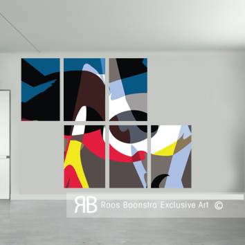 Thumbnail Moderne abstracte compositie verdeeld over zes panelen, briljante kleuren en expressieve vormen voor designinterieur en kunstliefhebbers.
Ook heel geschikt.voor grote kantoorruimtes.