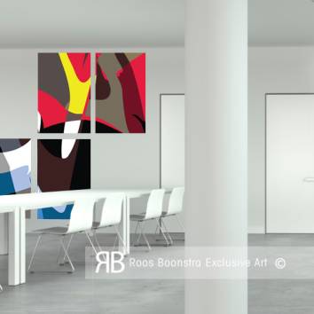 Thumbnail Fineart kunstwerk bestaande uit kleurrijke, dynamische panelen uit de acrylaat-serie, ideaal als blikvanger op grote muur.
