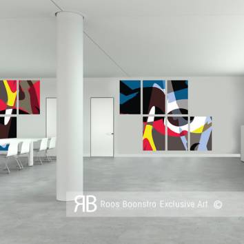 Thumbnail Abstract schilderij, uitvergroot en gesneden in meerdere panelen, met krachtige kleuren en lijnen, opvallend in modern interieur.