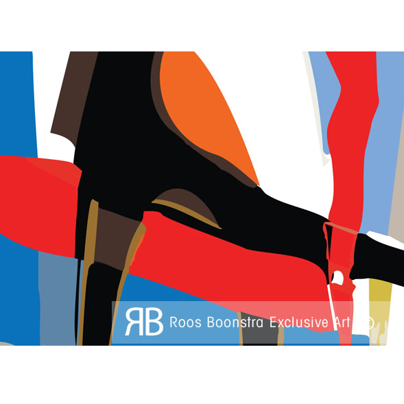 Detail van abstract fineart schilderij met dynamische kleurvlakken in rood, blauw, zwart en oranje, thema: balans en beweging.