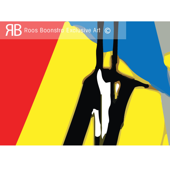 Modern kunstwerkdetail met grafische lijnen, felle kleuren en dansende vormen, symboliseert elegantie en spanning.