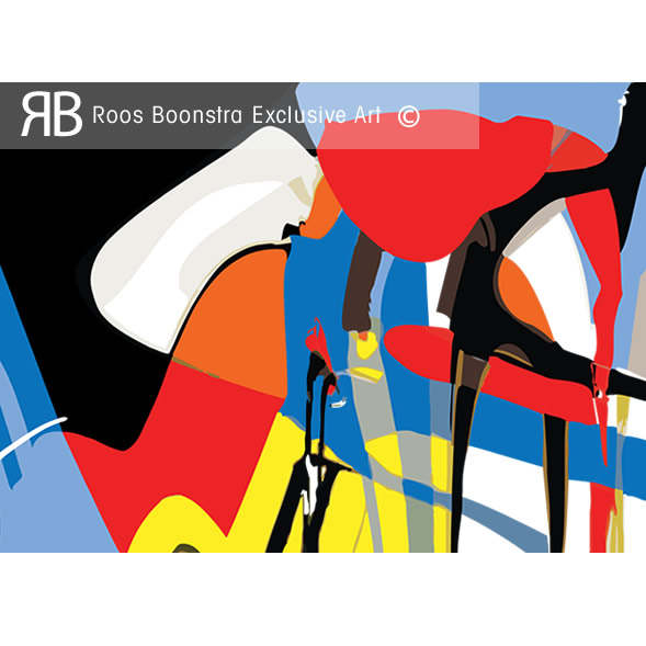 Kleurrijk kunstwerk met grafische lijnen en dynamische vlakken, symboliseert elegantie en beweging op het puntje van de tenen. Cobra stijl.