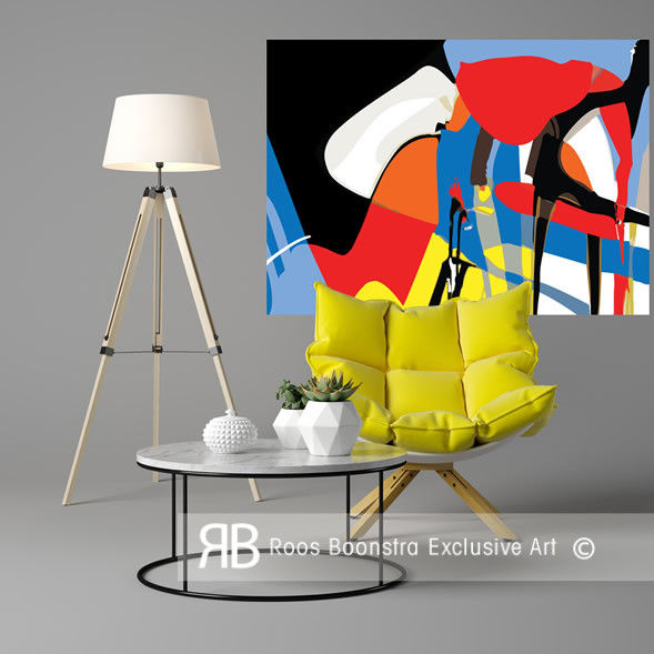 Felle kleurvlakken in rood, geel, blauw en zwart creëren een dynamisch ritme, waarbij elke lijn en curve uitnodigt tot beweging en ontdekking.