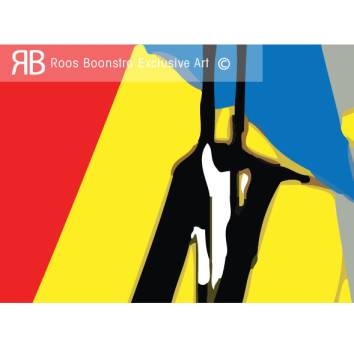 Thumbnail Modern kunstwerkdetail met grafische lijnen, felle kleuren en dansende vormen, symboliseert elegantie en spanning.