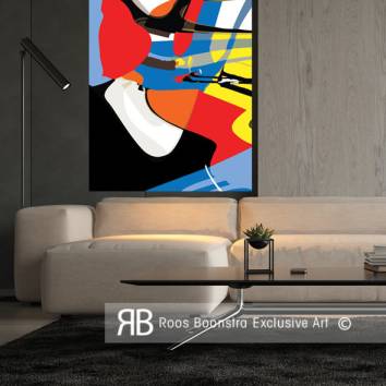 Thumbnail Modern abstract schilderij in rood, geel, blauw en zwart, met focus op spanning en lichtheid, fineart kwaliteit.