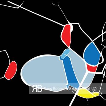 Thumbnail Abstract schilderij geïnspireerd op het coronavirus, met levendige kleurvlakken en dynamische lijnen tegen een zwarte achtergrond, moderne wanddecoraties