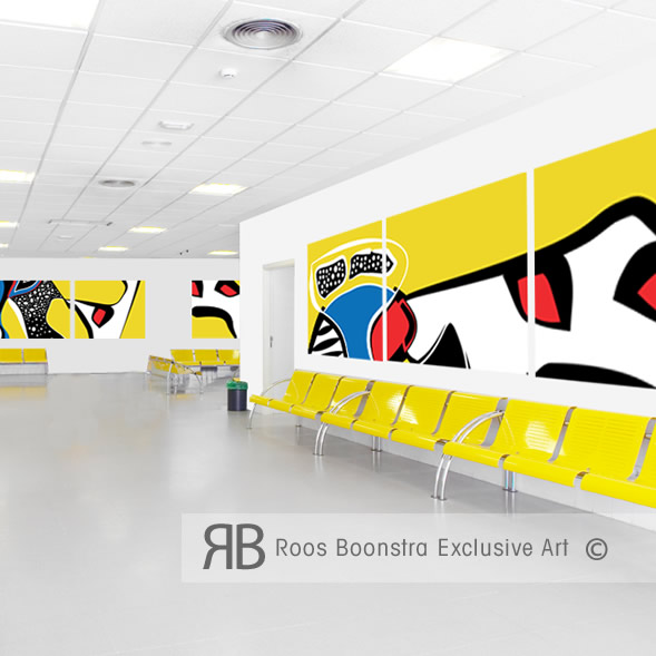 Modern kunstwerk in briljante kleuren en expressieve vormen. Wachtruimte in ziekenhuis.
